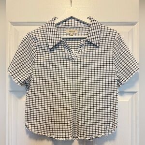 Madewell Black and White Checkered Crinkle Polo Crop Top Tee (NWT)